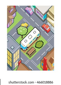Isometric view of a motor home in a small, urban park, surrounded by buildings and streets, vector illustration.