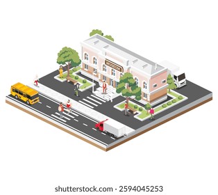 Isometric view of a museum building. Vector illustration of a beautiful classical building with columns, surrounded by trees, cars, and people. City scene with a sidewalk, school bus and two trucks.