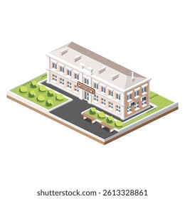 Isometric view of museum building. Vector illustration. Beautiful classical building with columns. Bushes in a row.
