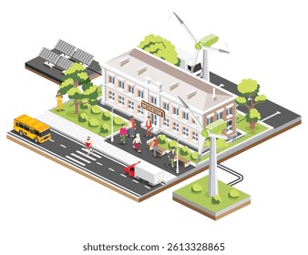 Isometric view of museum building. Vector illustration. Solar panels and wind turbines. Ecology conservation. Sustainable energy. Cars, trees and benches. People walking around.