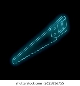 Isometric view of a neon blue hand saw glowing on a black background, representing carpentry, construction, and diy projects