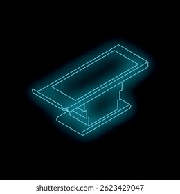 Vista isométrica de uma mesa de operação azul neon brilhando sobre um fundo preto, representando equipamento médico