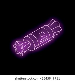 Isometric view of a neon sign of purple wrapped candy with star shape on black background