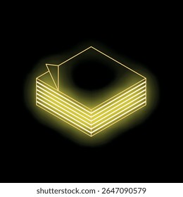 Isometric view of neon yellow sticky notes stack glowing on black background