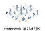 Isometric view of network infrastructure featuring transmission towers, satellite dishes, and power lines interconnected on a white field.