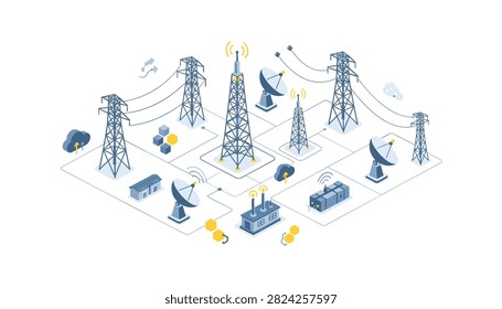 Isometric view of network infrastructure featuring transmission towers, satellite dishes, and power lines interconnected on a white field.