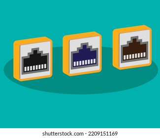 Isometric View Of Network Ports. Ethernet Port, Female Lan Socket, Jack Or Plug Isolated On Green Background. Vector Eps.10