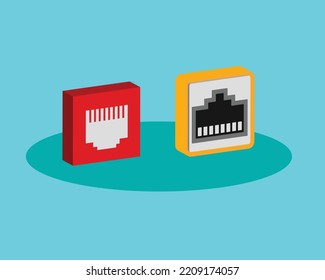 Isometric View Of Network Ports. Ethernet Port, Female Lan Socket, Jack Or Plug Isolated On Green Background. Vector Eps.10