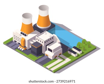 Isometric view of a nuclear power plant with cooling towers, modern buildings, trees, and nearby river on white background. Vector illustration