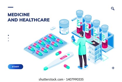 Isometric view on doctor with tablet or pharmacist near pills doing online order. 3d Medical or medicine laboratory, lab with staff. Smartphone application for pharmacy,healthcare service, drug store