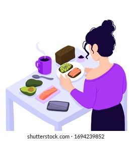 Isometric view on kitchen with young woman cooking healthy meal. Girl at avocado and salmon toast with coffee preparation. Smartphone application page for home recipe, Organic nutrition