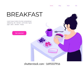Isometric view on kitchen with young woman cooking healthy meal. Girl making oatmeal, raspberry and blueberry bowl with coffee. Smartphone application page for home recipe, Organic nutrition