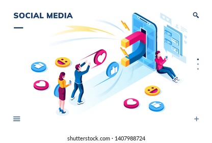 Isometric view on smartphone with magnet attracting social media followers or users. People commenting online, sharing and liking posts. Digital marketing and online influence. Smartphone screen, page