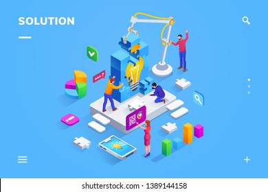 Isometric view on teamwork at finding business solution. Team of people set up puzzle of lamp and analyzing flat chart. Management communication or brainstorming, office marketing. Cloud web service