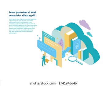 Isometric view - online study, work, cloud servers, computer technology, search engines.