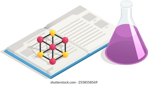 Isometric view of an open book with a molecular model placed on top of it, next to a beaker containing a vibrant purple liquid, suggesting scientific study or research