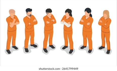 isometric view of orange uniform prisoner inmates