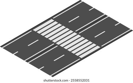 Isometric view of a pedestrian crossing on a two lane road, providing a safe passage for people across the street, enhancing road safety and urban planning