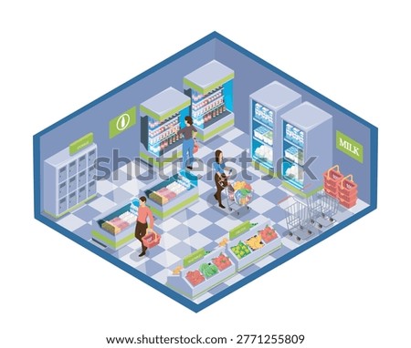 Isometric view of people shopping in a grocery store interior with shelves and carts on a clean indoor background, showing retail activity. Hand-drawn vector illustration