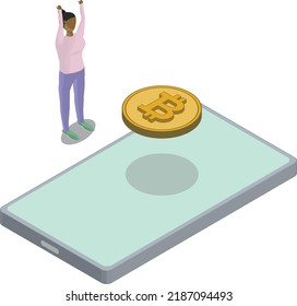 Isometrische Sicht auf das Telefon Bitcoin schweben Frauen Hände in der Luft