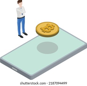 Isometric View Of Phone Bitcoin Floating Back Man Thinking