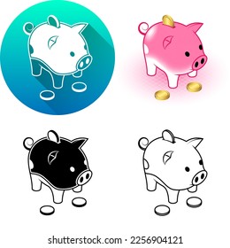 Isometric View Piggy Money Saving Deposit Asset Finance Icon, Set of Flat Long Shadow, Black-White Silhouette, Line Art Logo Icon Symbol Isolated on White Background Financial, Bank
