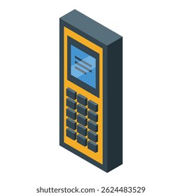 Visualização isométrica de um coletor de dados portátil com um teclado numérico e um ecrã que mostre informações, ideal para operações de entrada de dados e de campo