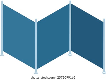 Isometric view of a portable partition wall dividing a room, providing privacy and creating separate working areas in an office or other professional setting