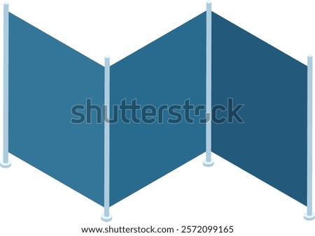 Isometric view of a portable partition wall dividing a room, providing privacy and creating separate working areas in an office or other professional setting