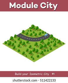 Isometric view projection summer landscape. Suburban highway road turn. Nature appearance of forest with trees

