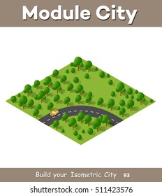 Isometric view projection summer landscape. Suburban highway road turn. Nature appearance of forest with trees