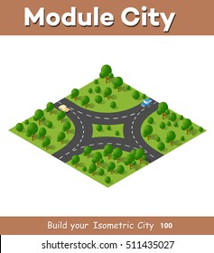 Isometric view projection summer landscape. Suburban highway road turn. Nature from above forest with trees
