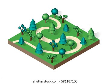 Isometric view projection summer landscape. Suburban road. Nature appearance of forest with trees. Stock vector.