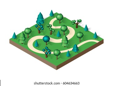 Isometric view projection summer landscape. Suburban road. Nature appearance of forest with trees. Stock vector.