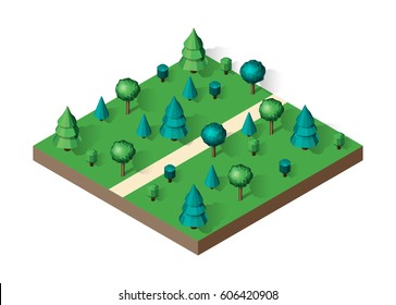 Isometric view projection summer landscape. Nature appearance of park with trees. Stock vector.
