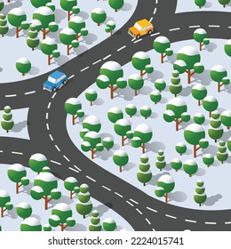 Isometric view projection of winter snow landscape. Nature aspect of forest with trees