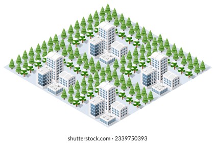 Isometrische Sicht Projektion der Winterschneelandschaft. Die Natur eines Waldes mit Bäumen