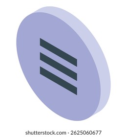 Visualização isométrica de um botão circular roxo com três linhas horizontais, simbolizando um ícone de menu
