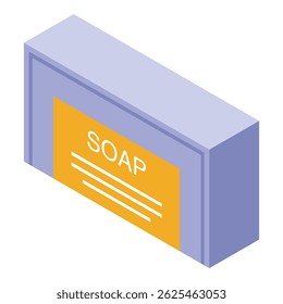 Isometric view of a purple soap bar with an orange label, emphasizing the importance of handwashing and cleanliness