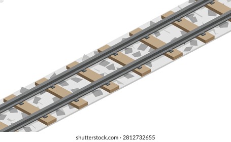 Isometric view of a railway track section featuring wooden ties and crushed stone ballast on a plain light background.