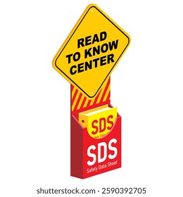 Isometric view of Read To Know center safety sign vector design. Safety data sheet station with warning sign and pocket document design.