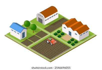 Isometric view of a red tractor plowing cultivated land in a farm with barns, greenhouses, and trees