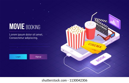 Isometric view for responsive landing page design with fast food and cinema hall equipments on smartphone for Movie Booking concept based landing page.