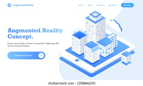 Isometric view for responsive landing page design with futuristic smart city, automated technology to manage household functionalities. Augmented Reality Concept mobile app or website template.