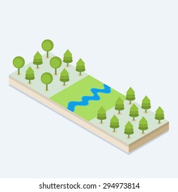 An isometric view of a river and a forest