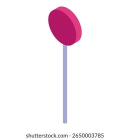 Isometric view of a round pink lollipop with a long stick isolated on white background
