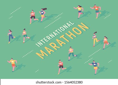 Isometric view of running people characters. Marathon Poster. flat design style minimal vector illustration.