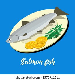 Isometric view of salmon fish on a plate cooked.