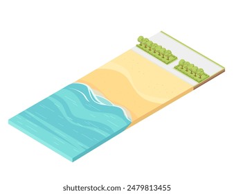 Isometric view of a sand beach with city park vector illustration isolated on a white background