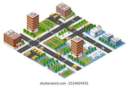 Vista isométrica de un distrito escolar con edificios escolares, canchas de baloncesto, autobuses escolares amarillos, árboles, calles y personas caminando